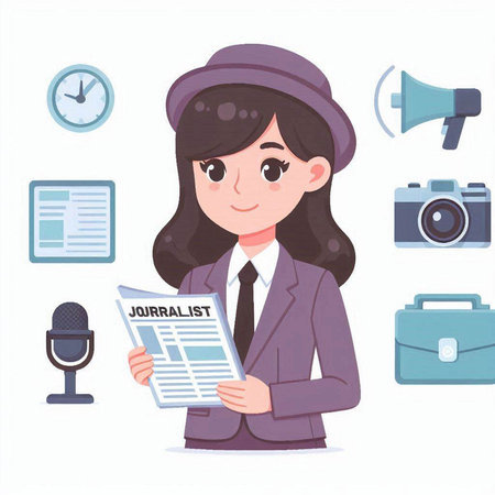 Businesswoman with newspaper. Vector illustration in cartoon style on white background.のイラスト素材