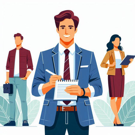 Businessman with notebook and team in the background. Vector illustration.のイラスト素材