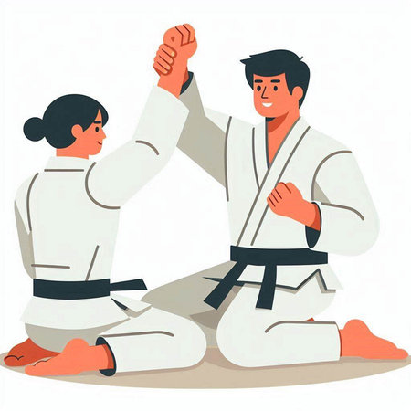 Karate karate man and woman in kimono training, vector illustrationのイラスト素材
