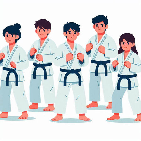 Cartoon karate kids characters. Kids in kimono. Vector illustrationのイラスト素材