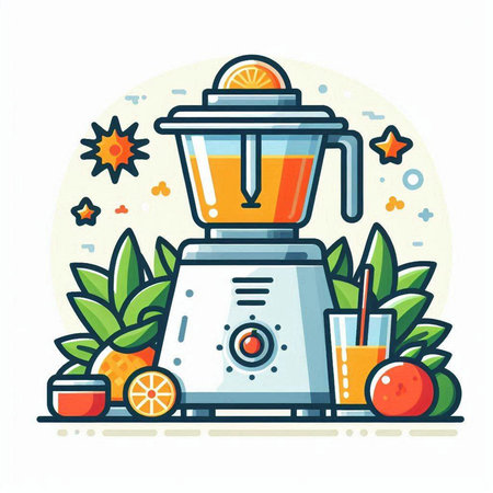 Flat line style vector illustration of juicer with fruits and berries.のイラスト素材