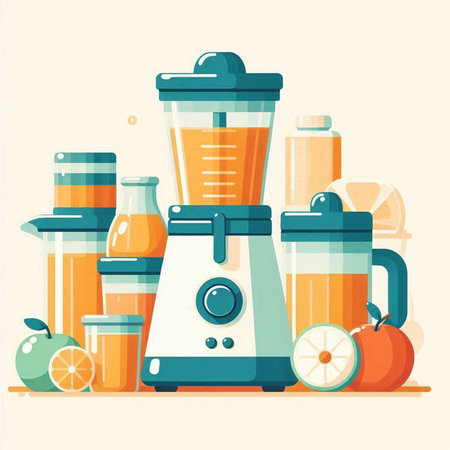 Juicer and ingredients for making smoothies. Flat style vector illustration.のイラスト素材