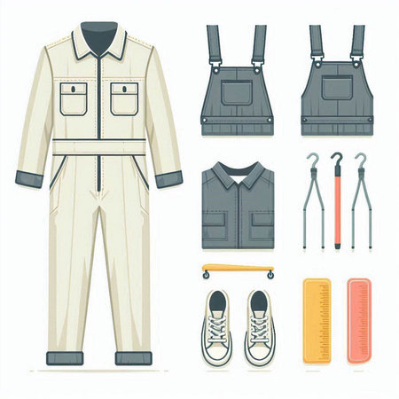 Set of work clothes and accessories. Vector illustration in flat style.のイラスト素材