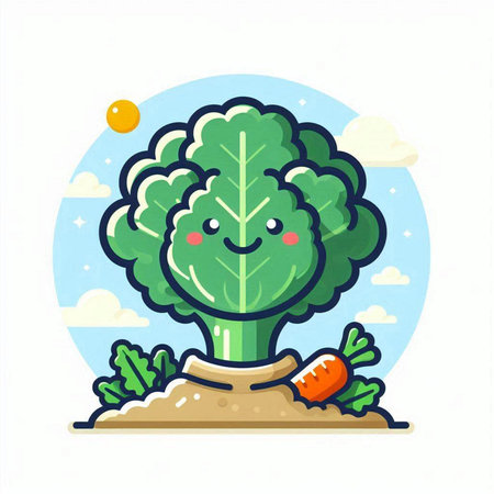 Cute broccoli character with carrot in the field. Vector illustration.のイラスト素材