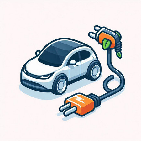 Electric car and plug on white background. Isometric 3D vector illustration.のイラスト素材