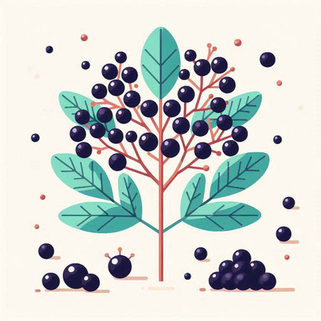 Black currant branch with berries and leaves. Vector illustration in flat style.のイラスト素材