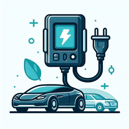 Electric car charging on white background. Vector illustration in flat style.のイラスト素材
