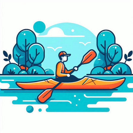 Kayaking on the river, vector illustration in flat cartoon style.のイラスト素材
