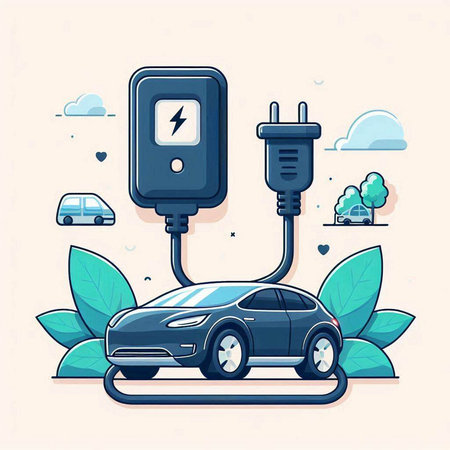 Electric car charging. Electric vehicle charging station. Vector illustration in flat styleのイラスト素材