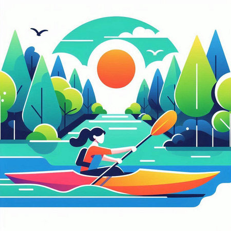Woman in a kayak on the lake. Vector illustration in flat styleのイラスト素材