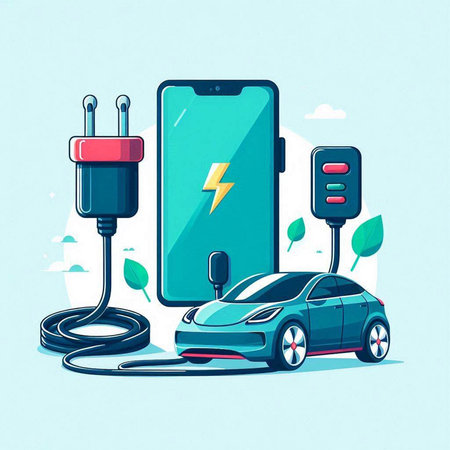 Electric car charging on a smartphone. Vector illustration in flat style.のイラスト素材