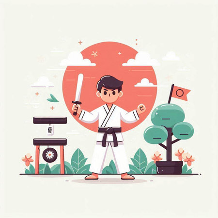 Taekwondo boy in a kimono. Vector illustrationのイラスト素材