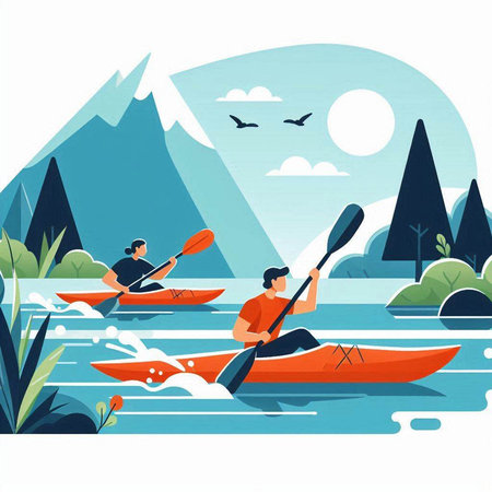 Kayaking in the mountains. Vector illustration in flat cartoon style.のイラスト素材