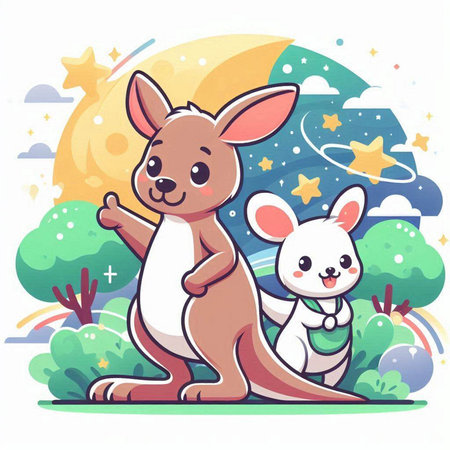 Cute kangaroo and mouse on the background of the night sky, vector illustrationのイラスト素材