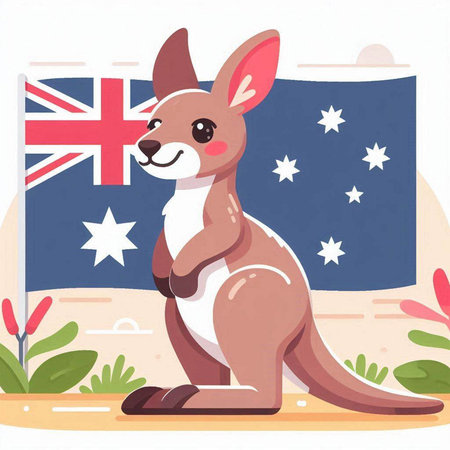 Kangaroo on Australia flag background. Vector illustration in cartoon style.のイラスト素材