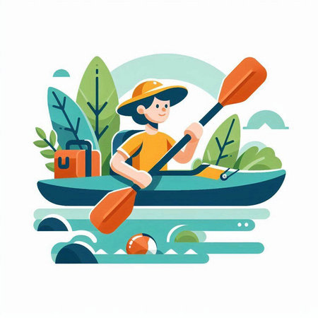 Man paddling in a kayak. Vector illustration in flat styleのイラスト素材