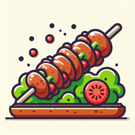 Skewers on skewers with tomato and lettuce. Vector illustration.のイラスト素材