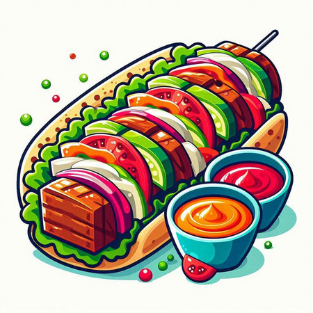 Illustration of a hot dog with vegetables on a skewer.のイラスト素材