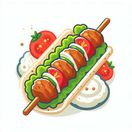 Shish kebab on a skewer with vegetables. Vector illustrationのイラスト素材