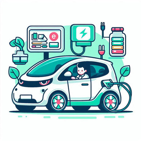 Electric car. Electric vehicle charging station. Vector illustration in flat styleのイラスト素材