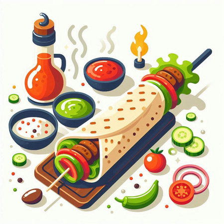 Shish kebab on skewers with vegetables and sauce. Vector illustrationのイラスト素材