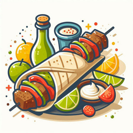 Vector illustration of shish kebab on skewers with lime and sauce.のイラスト素材
