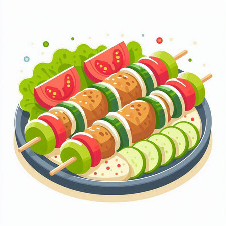 Grilled kebab on skewers with vegetables. Vector illustrationのイラスト素材