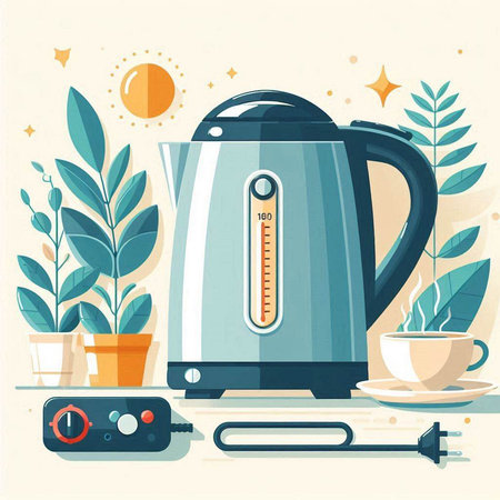 Vector illustration of electric kettle and cup of coffee. Flat style.のイラスト素材