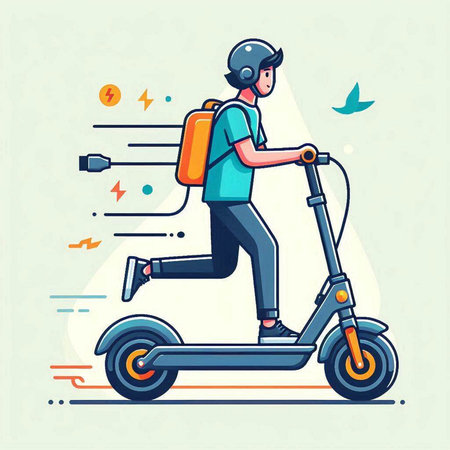 Young man in helmet riding electric scooter. Vector flat illustration.のイラスト素材