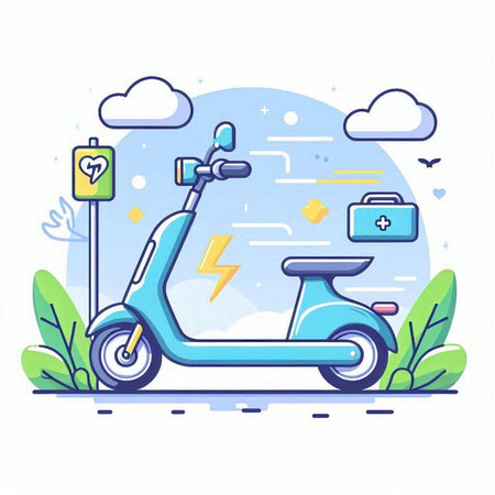 Modern scooter on a background of blue sky and clouds. Vector illustrationのイラスト素材