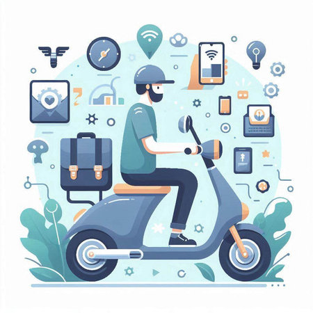 Vector illustration of a man riding a scooter with different icons on the background.のイラスト素材