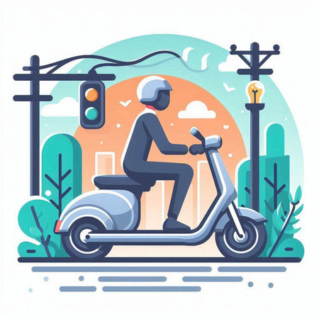 Man riding a scooter in the city. Vector illustration in flat styleのイラスト素材