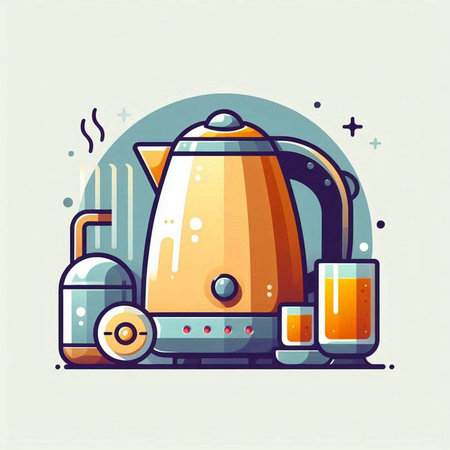 Electric kettle and two glasses of juice. Vector illustration in flat style.のイラスト素材