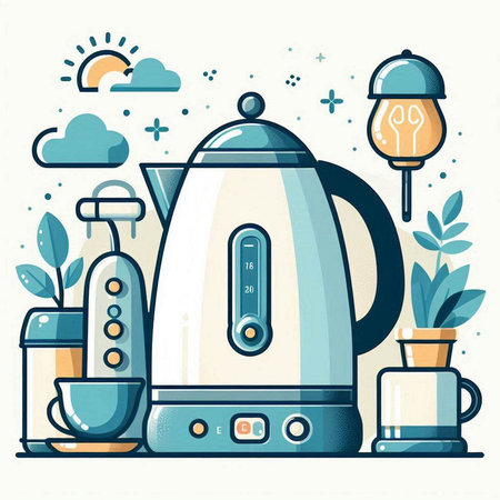 Kitchen appliances. Electric kettle, coffee maker, coffee maker, teapot. Vector illustration.のイラスト素材