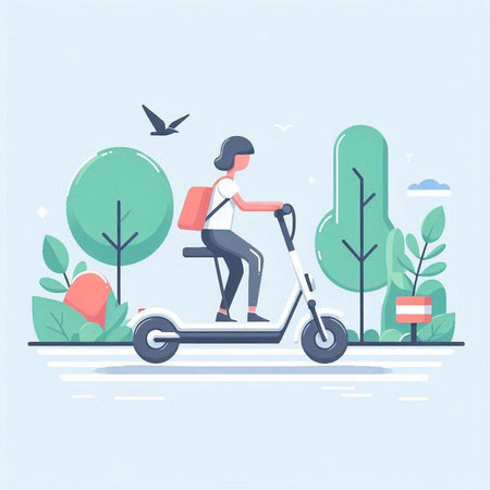 Woman riding scooter in the park. Flat style vector illustration.のイラスト素材