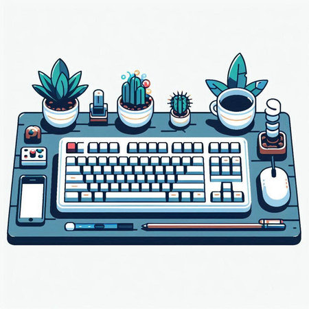 Workplace with computer keyboard and cacti. Vector illustration.のイラスト素材