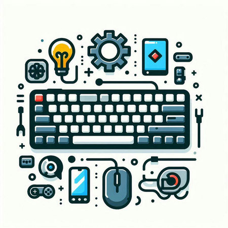 Computer keyboard, mouse, mobile phone, gear, tablet and other accessories. Vector illustration.のイラスト素材