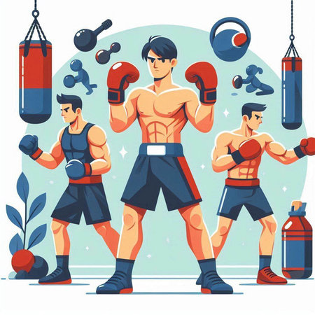 Cartoon boxer with punching bag in the gym. Vector illustration.のイラスト素材