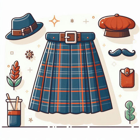 Vector illustration of a scottish tartan skirt and accessories for men and womenのイラスト素材