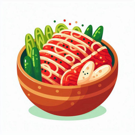 Vector illustration of a bowl of fresh salad with tomatoes, cucumbers and radish.のイラスト素材