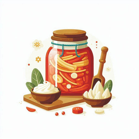 Vector illustration of a jar of pickled tomatoes with sour cream.のイラスト素材