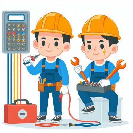 Cute cartoon electrician and electrician characters. Vector illustration.のイラスト素材