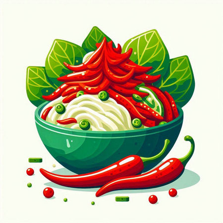 Illustration of a bowl of spicy sauce with chilli pepper and lettuce leavesのイラスト素材