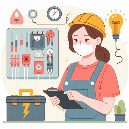 Engineer woman in uniform and safety helmet with tools. Vector illustrationのイラスト素材