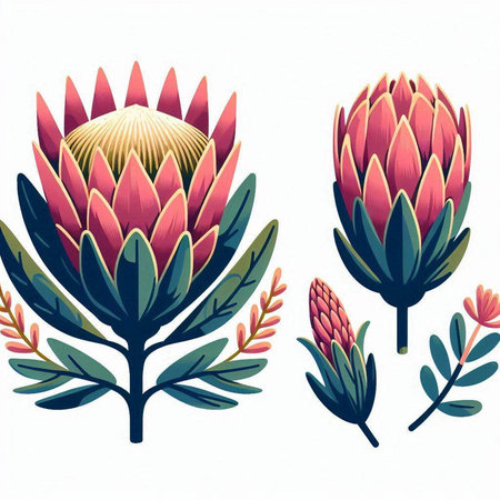 Set of protea flowers with leaves. Vector illustration in retro style.のイラスト素材