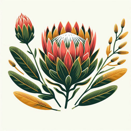 Beautiful protea flower with leaves and branches. Vector illustration.のイラスト素材