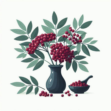Vase with rowan berries and green leaves. Vector illustration.のイラスト素材