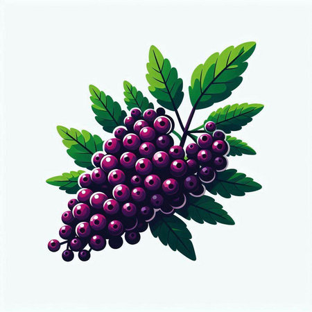 Bunch of ripe black currant with leaves. Vector illustration.のイラスト素材