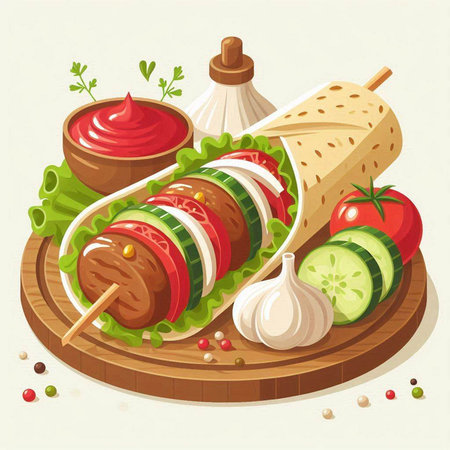 Illustration of kebab on wooden board with vegetables and sauceのイラスト素材