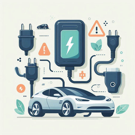 Electric car concept. Electric car charging. Vector illustration in flat styleのイラスト素材